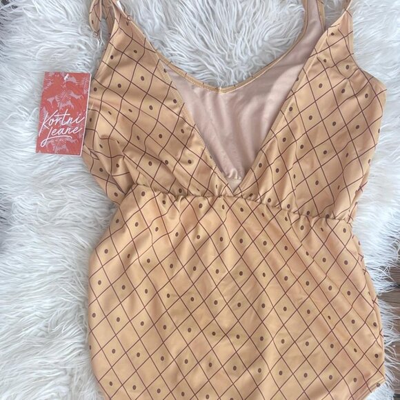 NWT Kortni Jeane Brown One Piece Swimsuit Windowpane Grid Women's L - Picture 4 of 7